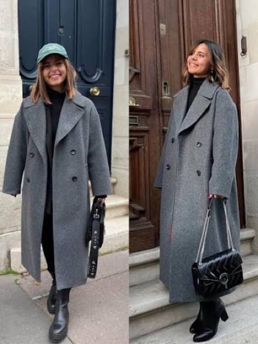 Zara Long Double-Breasted Wool Blend Trench Coat in Gray
